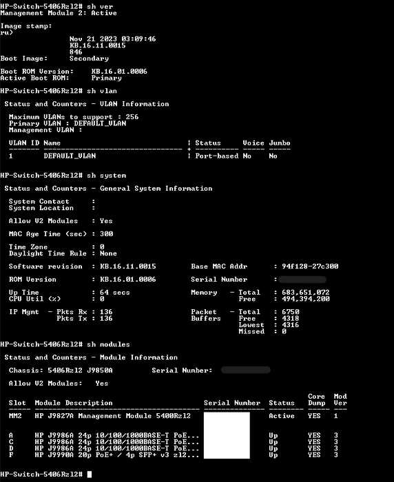 HPE Aruba J9850A 2x Management Module 3x J9986A, 1x J9990A, 2x J9830B PSUs