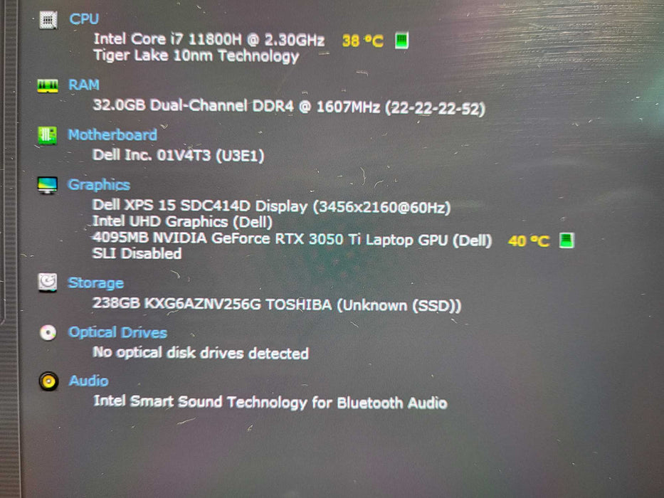 Dell XPS 15 9510 i7-11800H 32GB RAM RTX 3050 Ti  256GB NVMe 4K Touch READ $ Lap200
