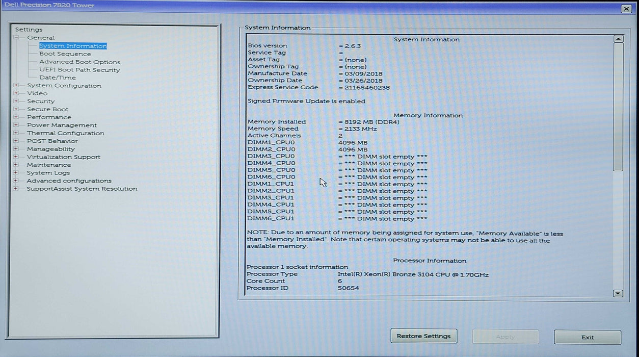 Dell Precision 7820, Xeon Bronze 3104, 8GB DDR4, K2000, 256GB SSD, 950W PSU