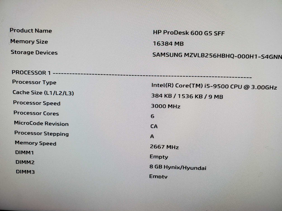 HP ProDesk 600 G5 SFF i5 9500 3.0Ghz 16GB DDR4 RAM 256GB NVMe NO OS