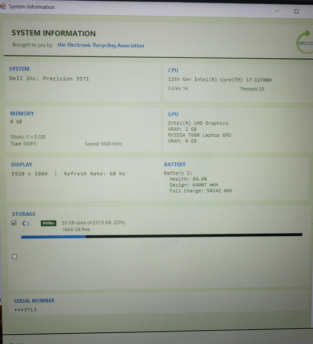 Dell Precision 3571 i7-12700H 2.30GHz 8GB DDR5 256GB SSD | READ!!!  Lap200