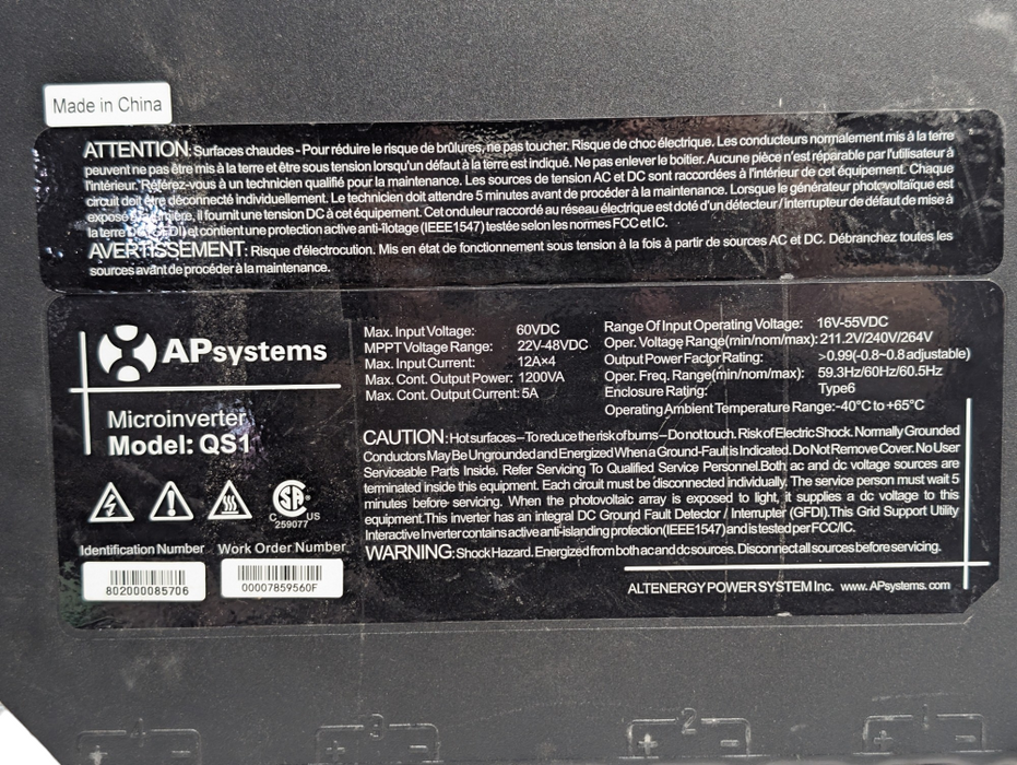 APsystems grid-tied Solar Microinverter Model QS1 READ Q-