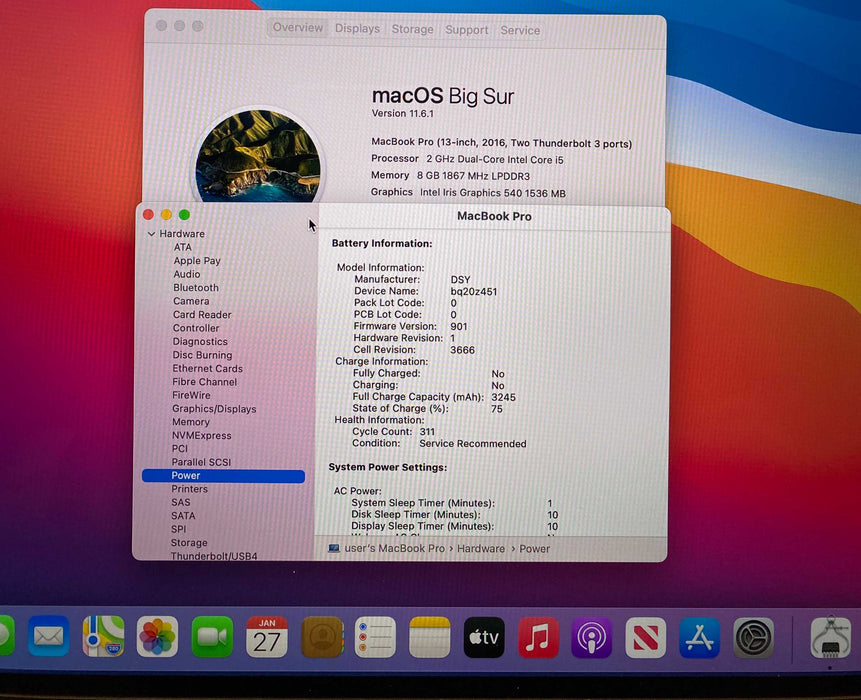 Apple MacBook Pro 13" 2016 i5-6360U 8GB 256SSD Battery Service Recommended