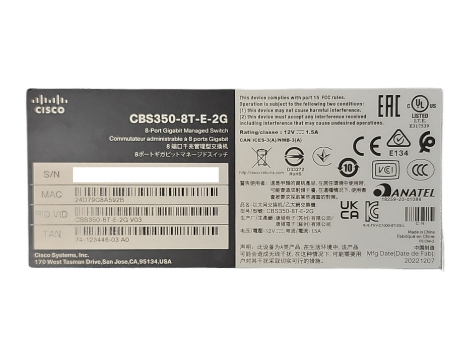 Cisco 350 CBS350-8T-E-2G 8-Port SFP Managed Ethernet Switch, No AC Adapter