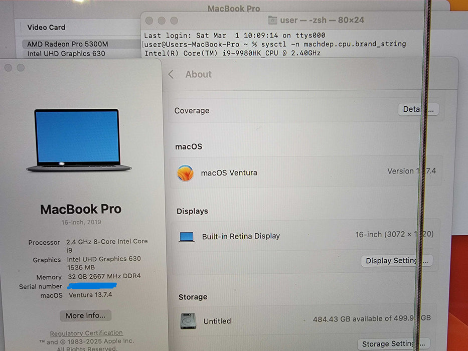 Apple MacBook Pro A1990 15" | i9-9980HK @2.4GHz | 32GB DDR4 512GB SSD READ