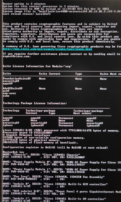 CISCO ISR4451-X/K9 Integrated Services Router, ipbasek9, appxk9, securityk9 _