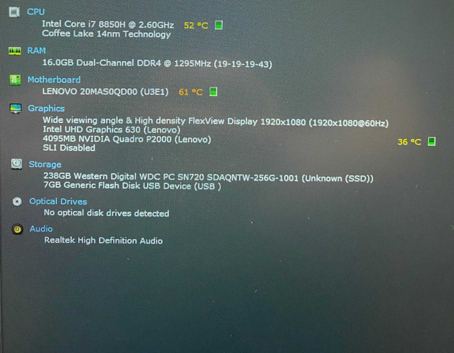 Lenovo ThinkPad P52 i7-8850H QUADRO P2000 4GB GPU 16GB RAM 256GB SSD  Lap200