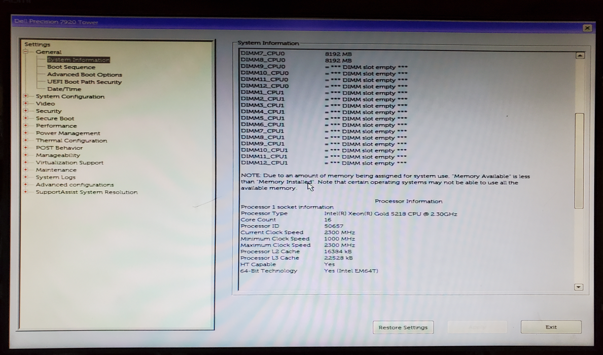 Dell Precision 7920 1x Xeon Gold 5218 64GB DDR4 - No HDD/GPU