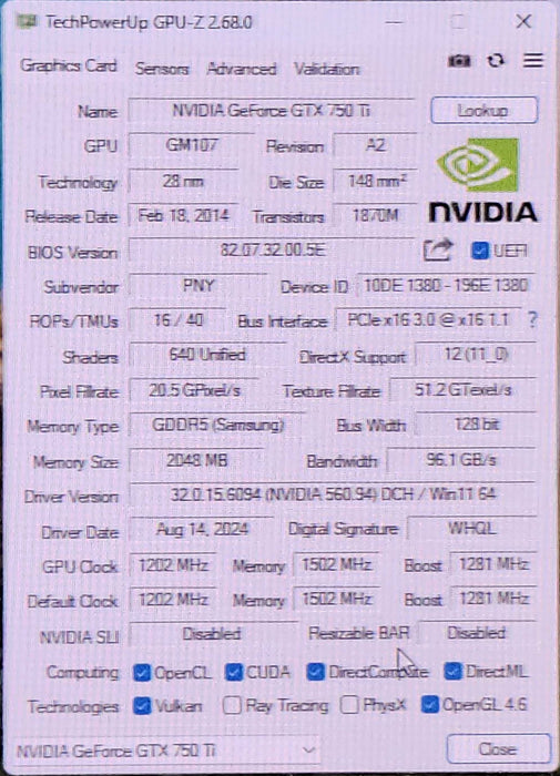 PNY Nvidia GeForce GTX 750Ti GDDR5 Graphics Card, 1x Mini HDMI & 2x DVI Q