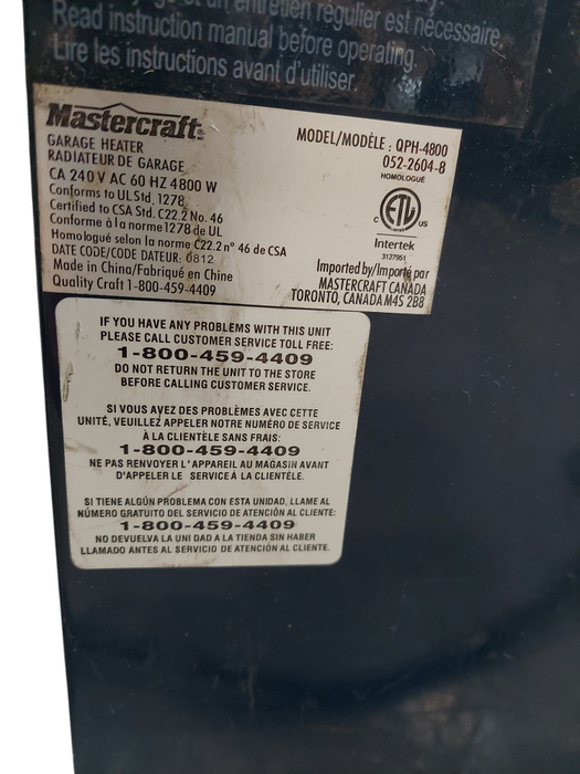 Mastercraft Shop/Garage Heater Model: QPH-4800 240V 4800W 30 Amp Plug =