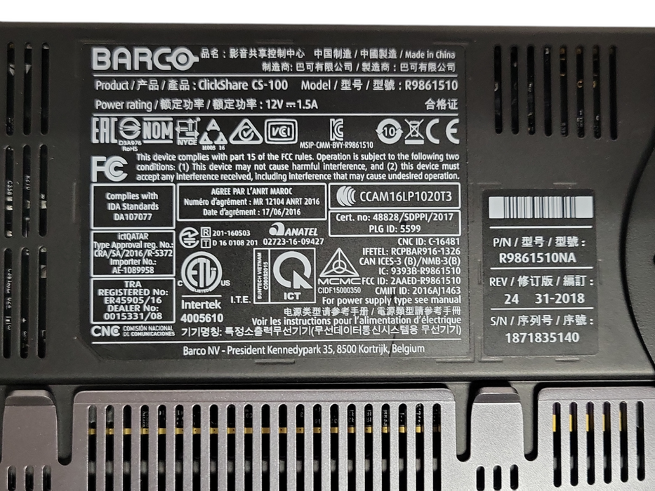 Barco ClickShare CS-100 Wireless Presentation System R9861510 w/ 1x Buttons Q_