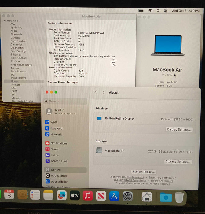 Apple MacBook Air 13" M1 2020 8GB RAM 256GB SSD No Power Adapter READ