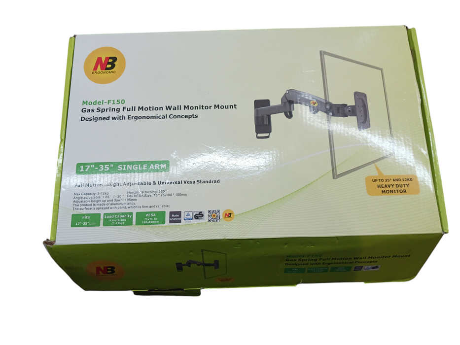 NB Ergonomic Gas Spring Full Motion Wall Monitor Mount 17"- 35"