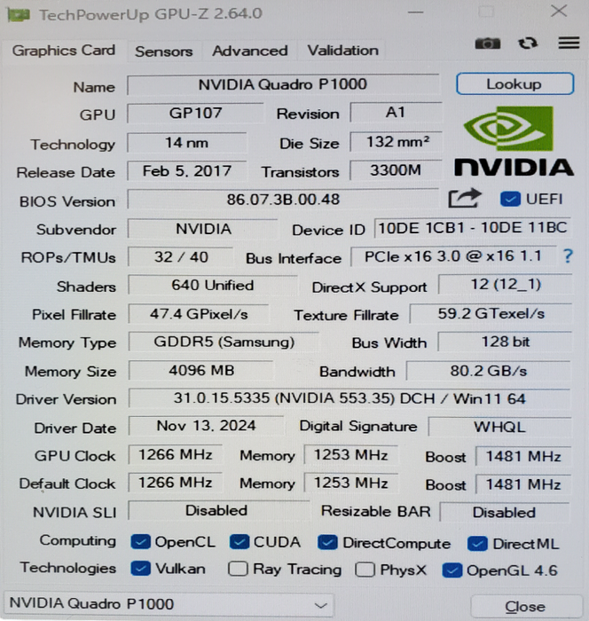 NVIDIA Quadro P1000 4GB GDDR5 Graphics Card 4x MiniDP Q