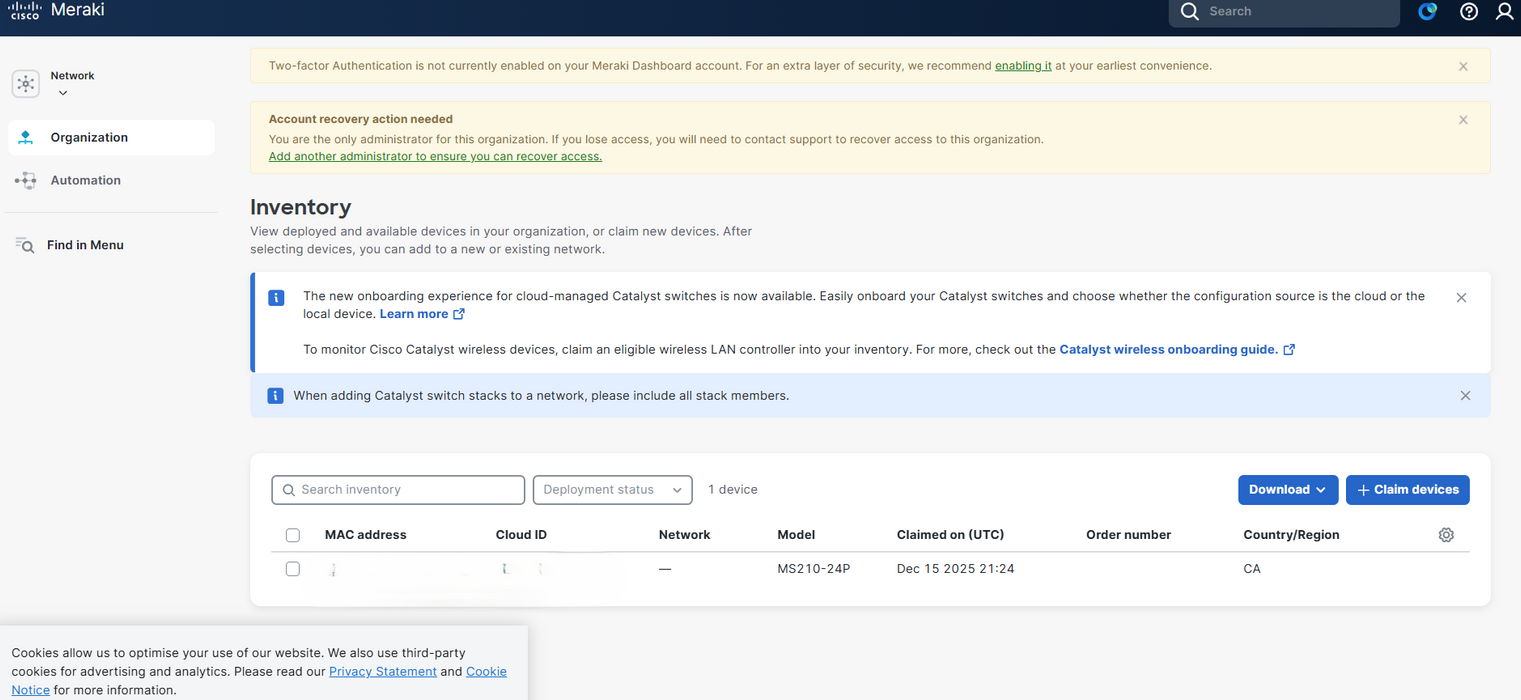Cisco Meraki MS210-24P-HW 24x 1GE POE+ 4x 1G SFP 1U Cloud Switch UNCLAIMED Q