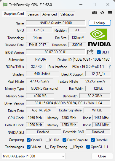 NVIDIA QUADRO P1000 4GB PCIe %