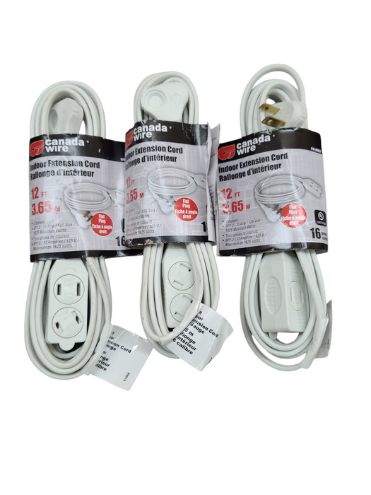 Lot 3x 12ft 3 Outlet Canada Wire Indoor Extension Cord