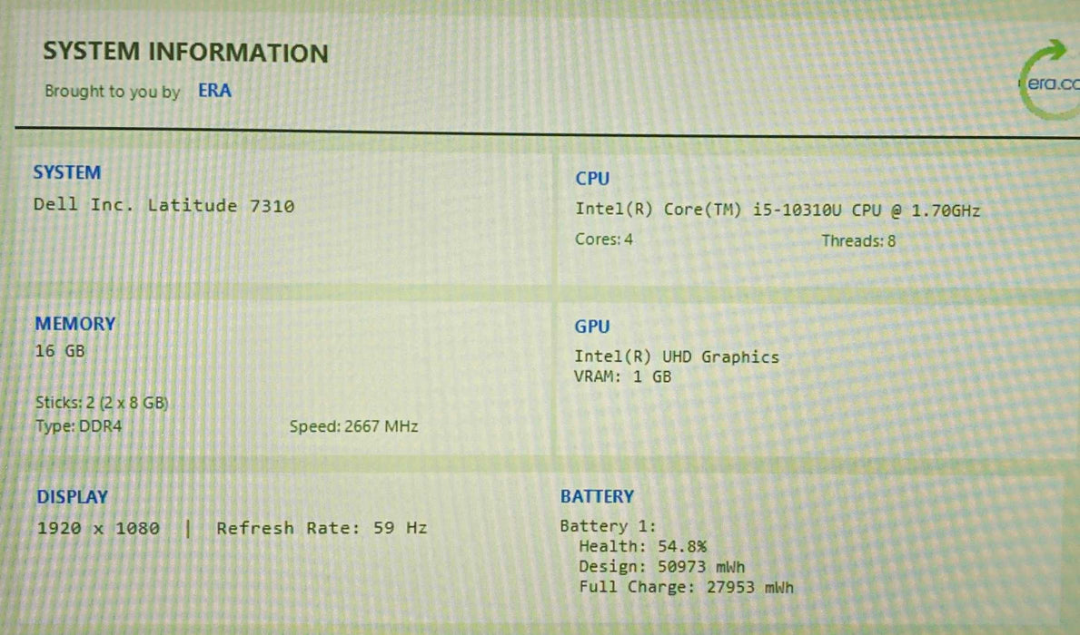 Dell Latitude 7310 TOUCH Core i5-10310U@1.70Gh vPRO 16GB RAM 256GB SSD READ  Lap200