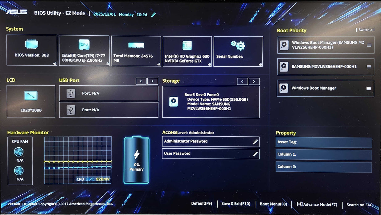 ASUS ROG Strix GL503V, i7-7700HQ 2.80GHz, 24GB DDR4, GTX 1050, 256GB NVMe  Lap200
