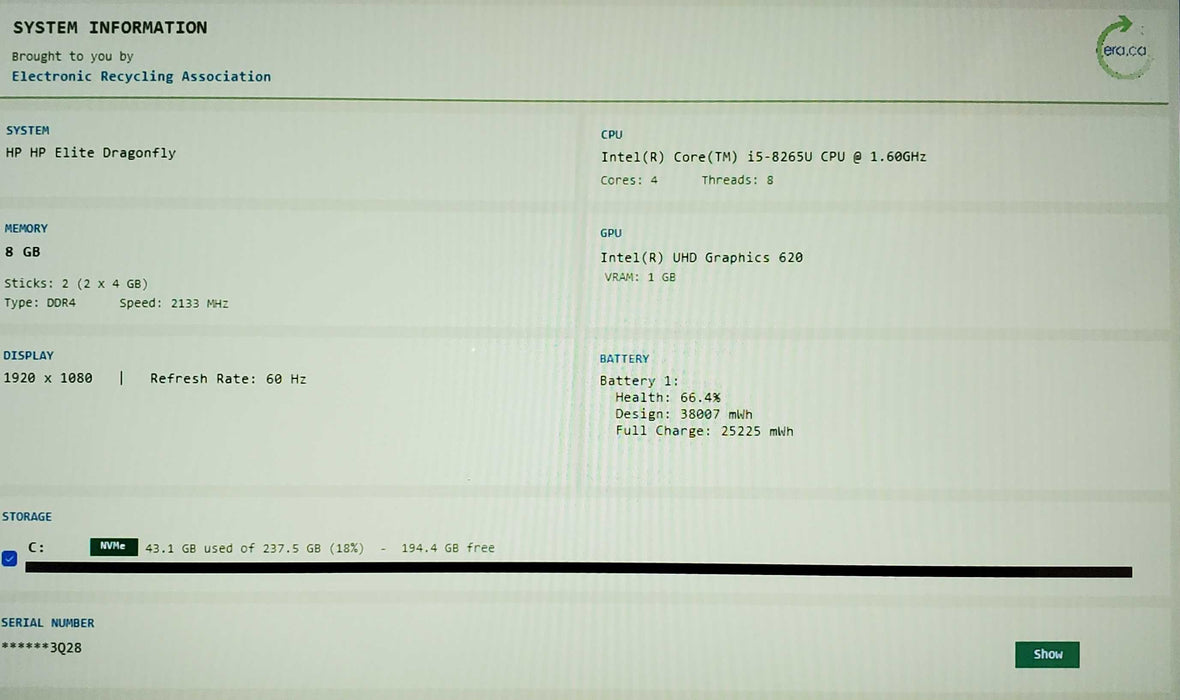 HP Elite Dragonfly TOUCH intel i5-8265U 8GB 256GB SSD  Lap200