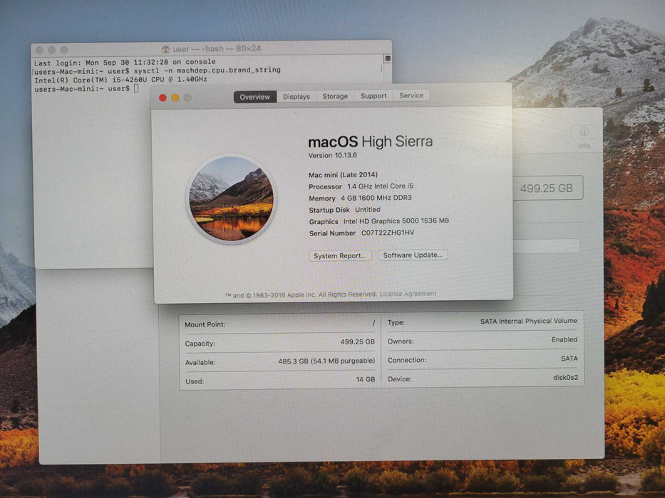 Mac Mini Late 2014, Core I5-4260U 1.4GHz, 4GB RAM, 500GB HDD, OS High Sierra !