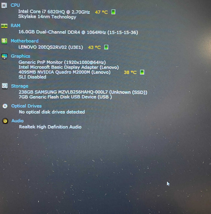Lenovo ThinkPad P50 i7-6820HQ@2.70GHz QUADRO M2000M 4GB GPU 16GB RAM 256SSD  Lap200