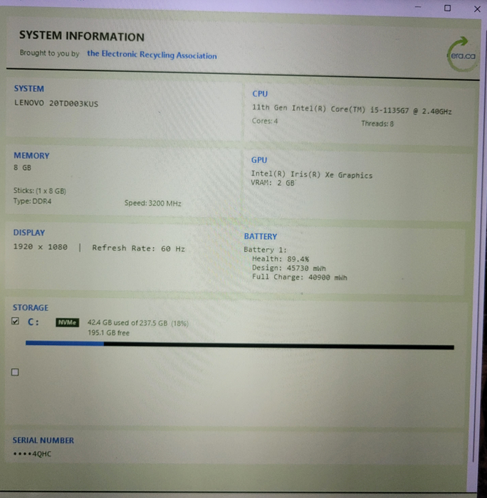 Lenovo ThinkPad E15 Gen 2 i5-1135G7 @2.40GHz 8GB DDR4 256GB NVMe  Lap200