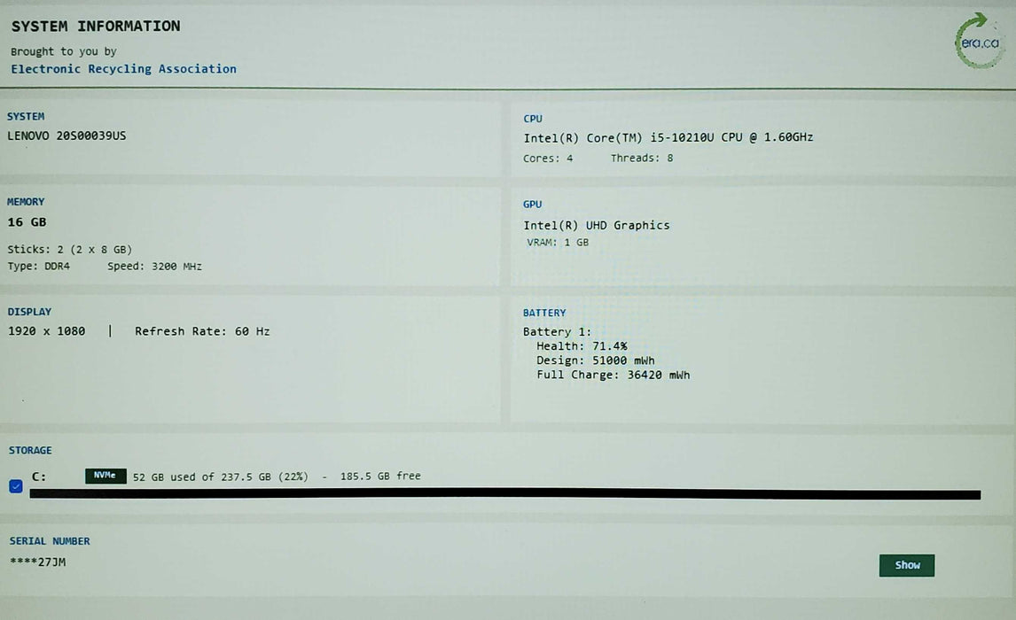 Lenovo ThinkPad T14 Gen 1 Intel Core i5-10210U 1.60GHz 16GB RAM 256 GB NVME  read Lap200