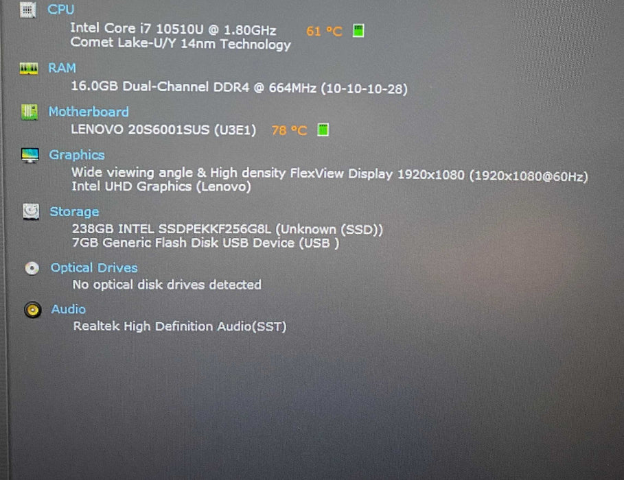 Lenovo ThinkPad T15 Gen 1 Core i7-10510U@1.80GHz 16GB RAN 256GB SSD  Lap200