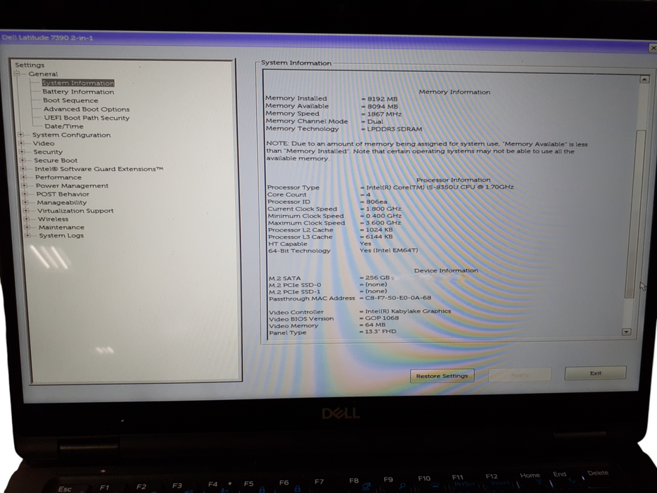 Dell Latitude 7390 i5-8350U @ 1.70 GHz 8GB RAM 256GB NVMe  BudLap