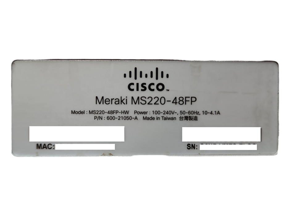 Cisco Meraki MS220-48FP-HW 48-Port Gigabit 740W PoE Switch, UNCLAIMED