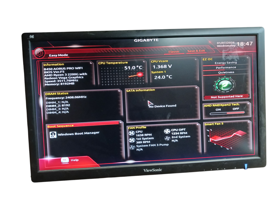 AMD Ryzen 3 2200G & Gigabyte B450 Aorus Pro Wifi Motherboard 8GB DDR4 READ