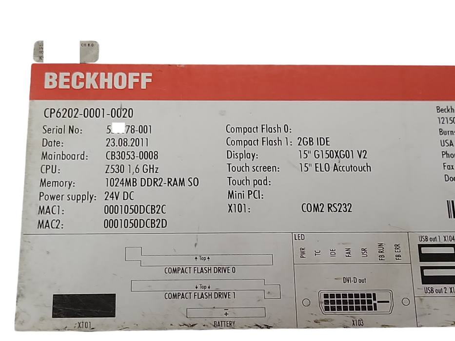 BECKHOFF CP6202-0001-002015" PANEL, READ _