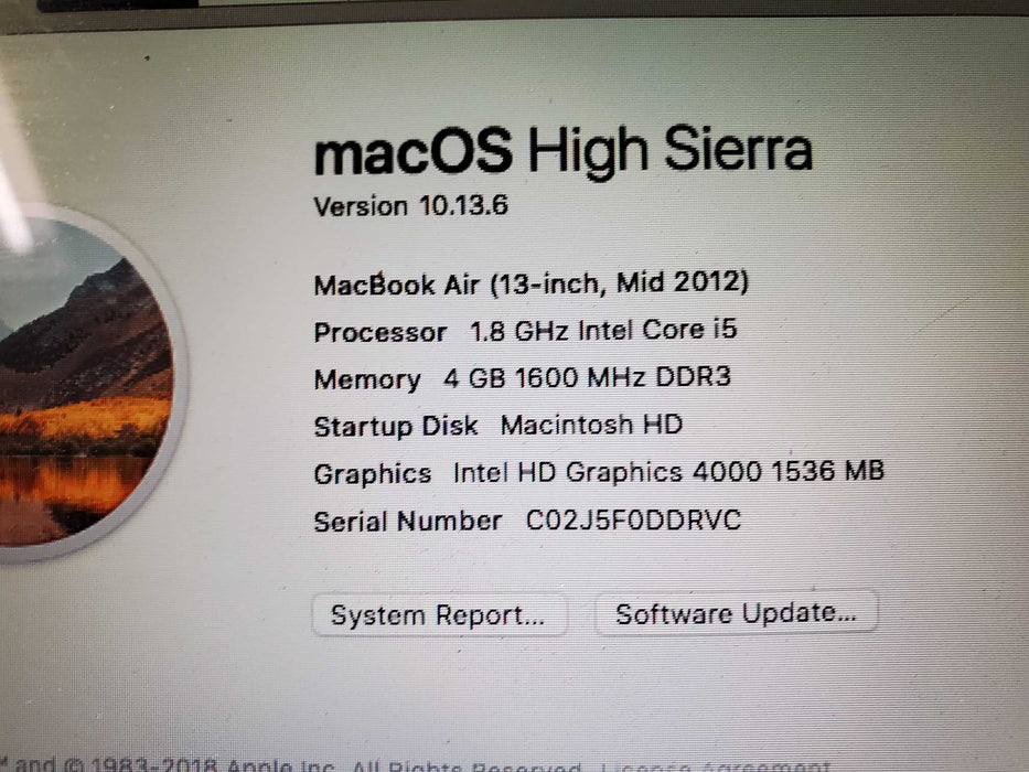 Apple MacBook Air 2012 13.3" 2017 Core i5 1.8ghz 4GB ram 128GB SSD