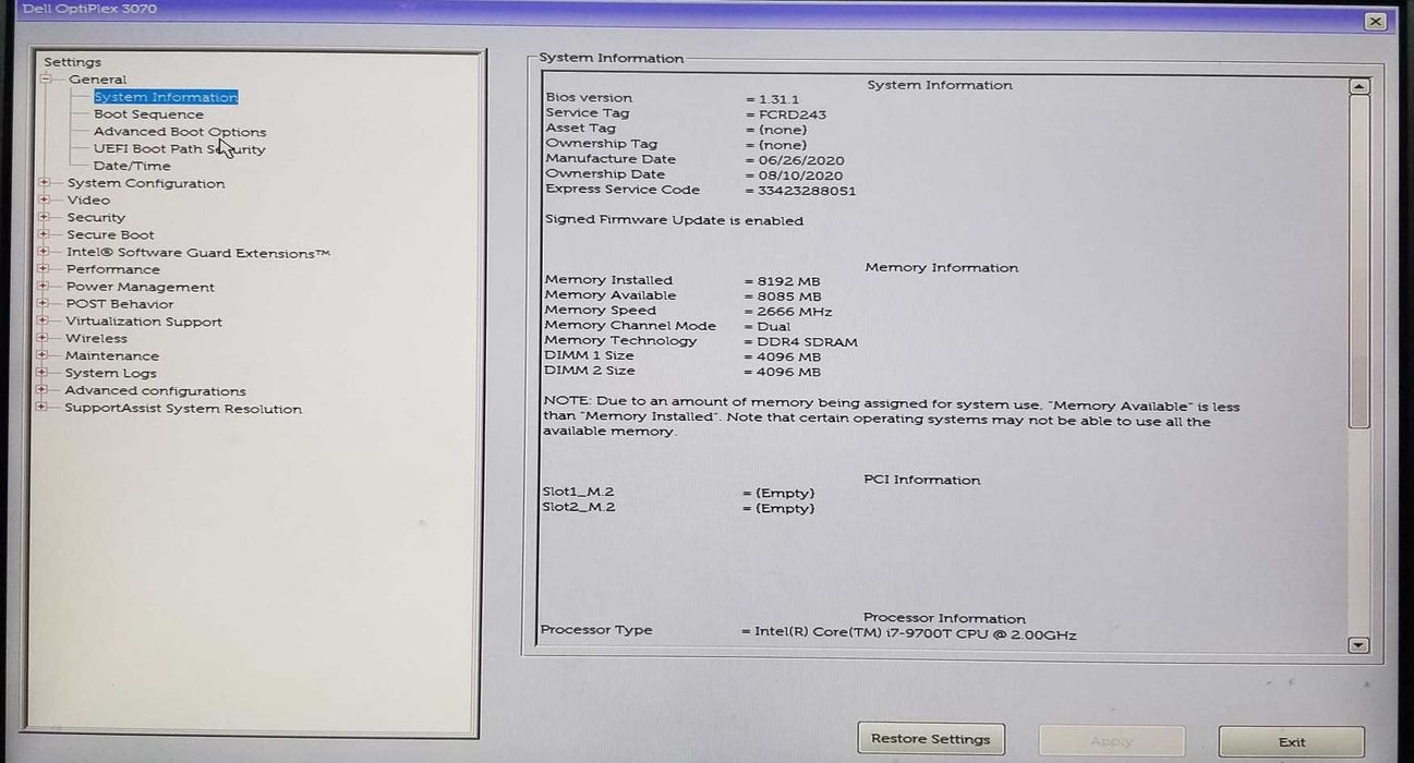 Dell OptiPlex 3070 Micro i7 - 9700T @ 2.00GHz 8GB DDR4 Ram No HDD  Q