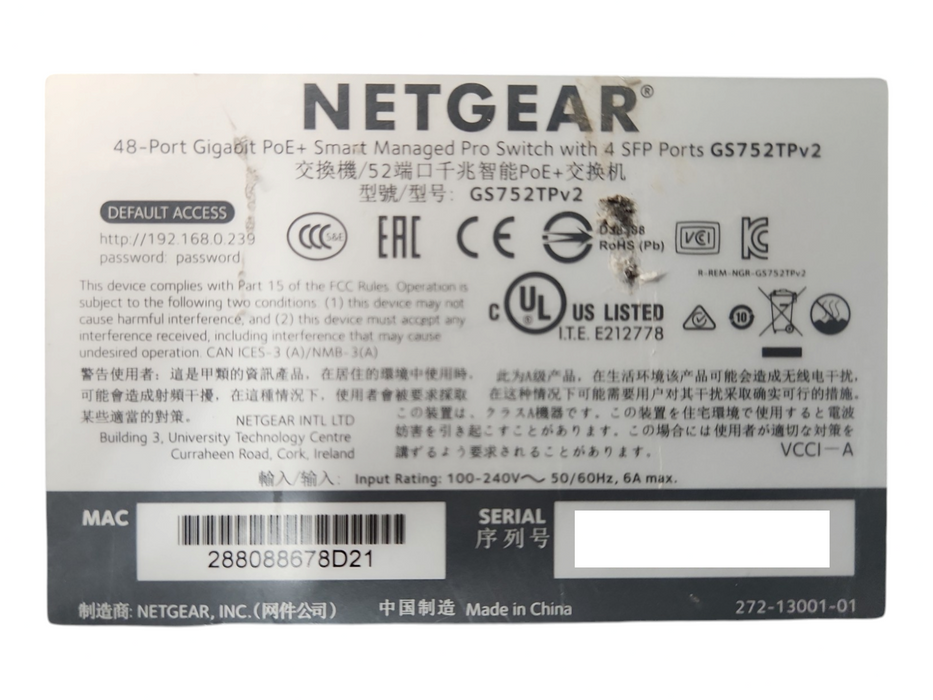 NETGEAR 48-Port Gigabit PoE+ Smart Managed Pro Switch w/ 4 SFP (GS752TPv2)