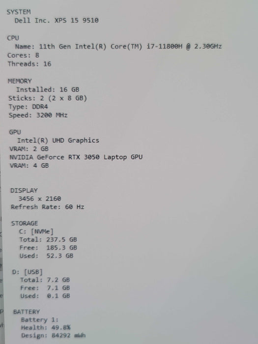 Dell XPS 15 9510 i7-11800H 16GB DDR4 RTX 3050 256GB NVMe 4K Touch  β Lap200