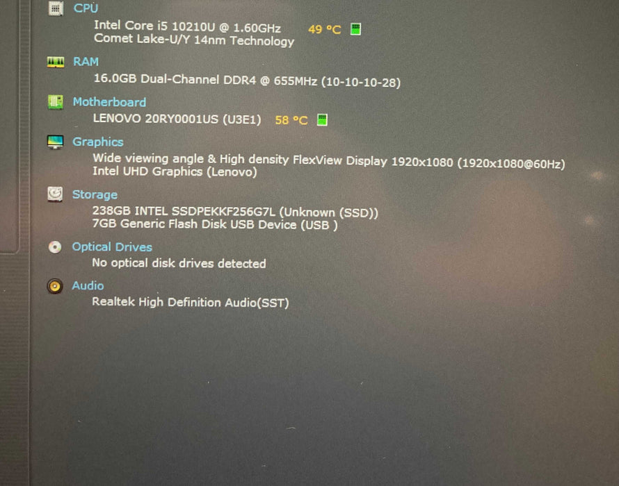 Lenovo ThinkPad T490 Core i5-10210U@1.60GHz 16GB RAM 256GB SSD READ  Lap200