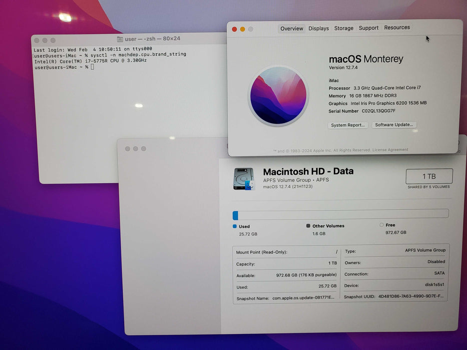 Apple iMac 21.5" 4K A1418 2015, i7-5775R 3.30 GHz 16GB RAM 1TB HDD