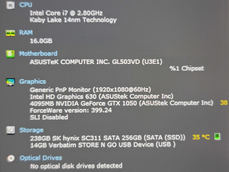 ASUS ROG Strix GL503VD i7-7700HQ 16GB DDR4 GTX 1050 256GB SSD NO ADAPTER β Lap200