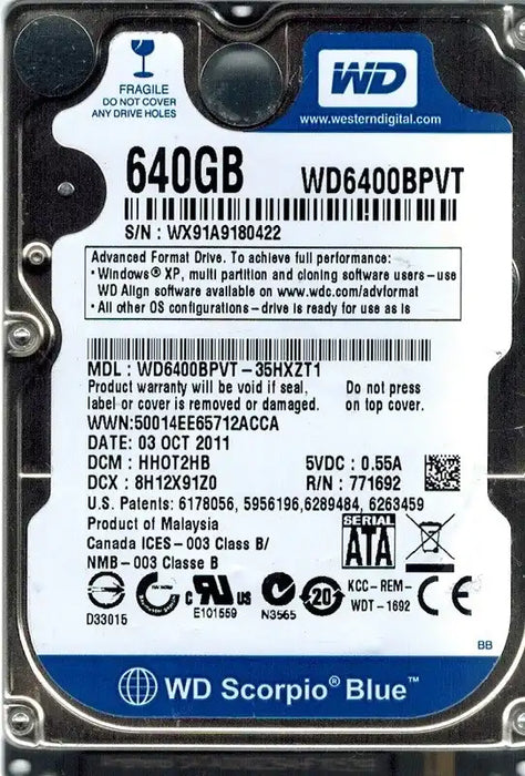 640GB SATA 2.5" 9mm HDD - Assorted Brand/Models Q