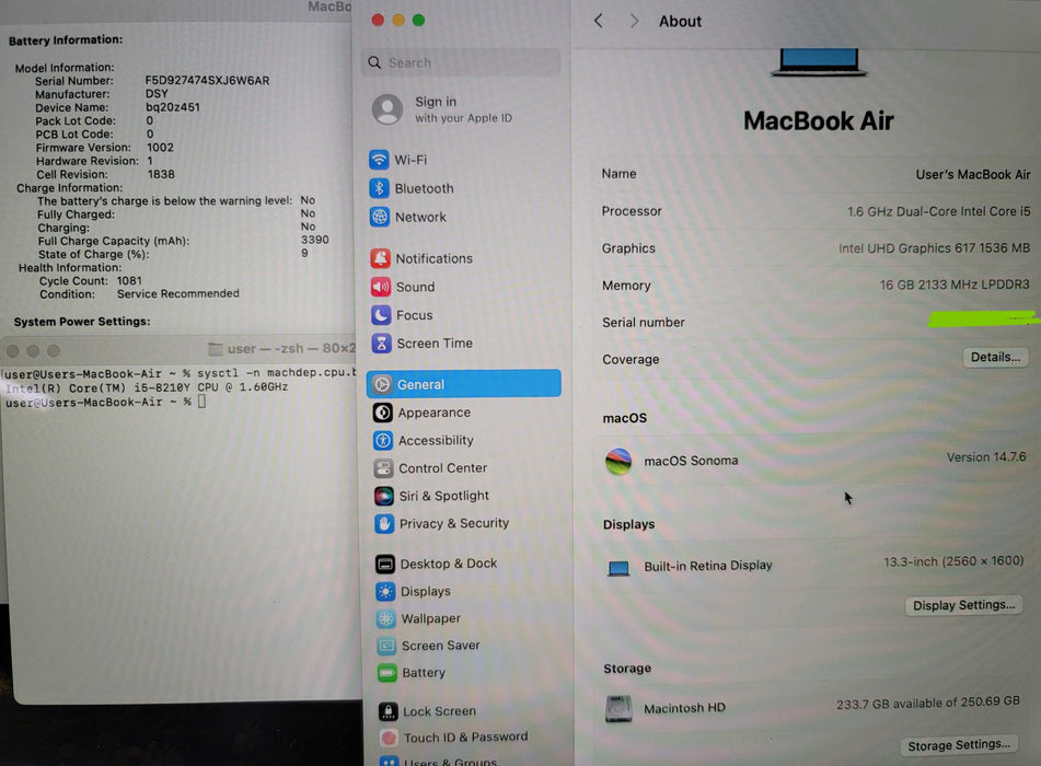 MacBook Air 2019 13" i5-8210Y 16GB RAM 250GB SSD FR Keyboard READ β