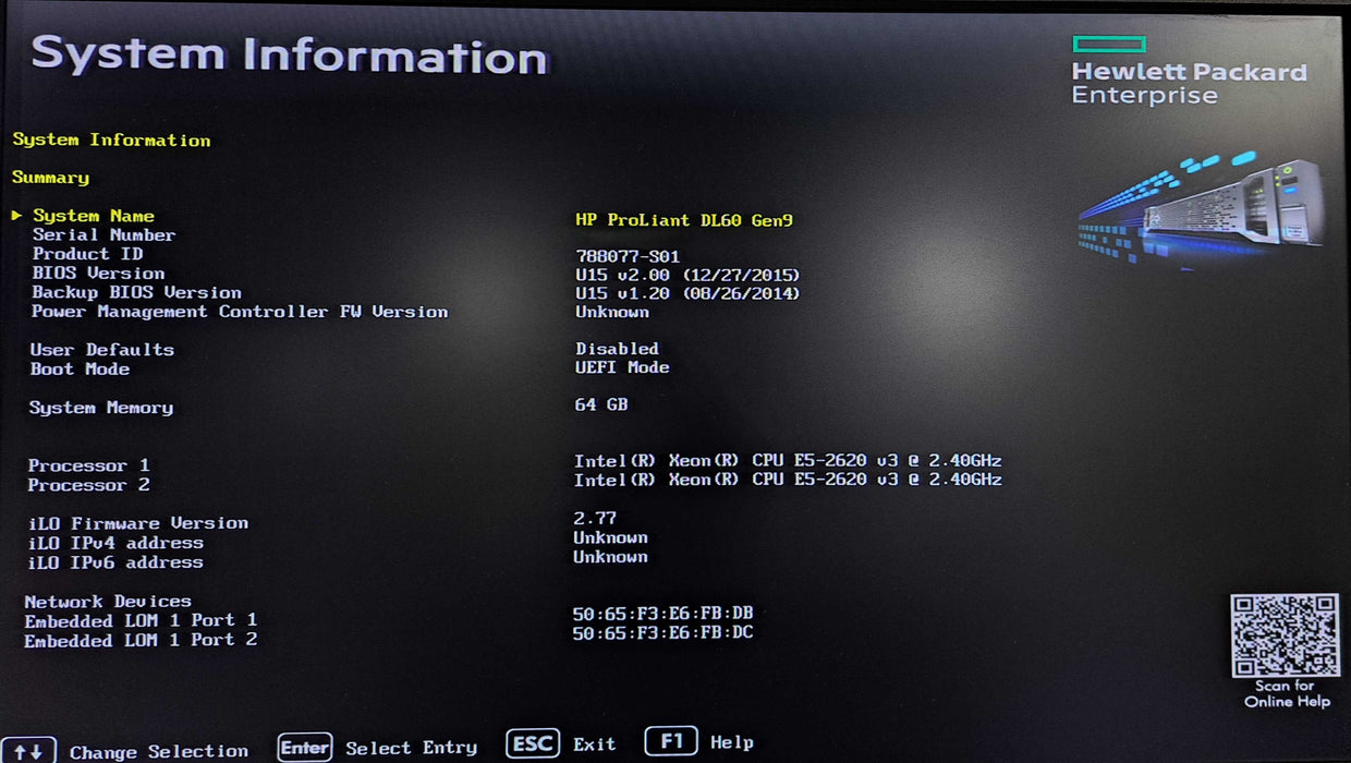 HP ProLiant DL60 Gen9 | 2x Xeon E5-2620 v3 @2.40GHz, 64GB DDR4, B140i