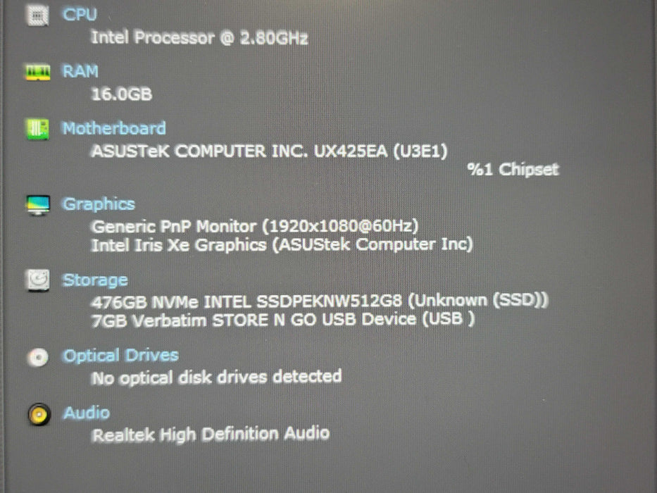 ASUS ZenBook 14 UX425E i7-1165G7 16GB RAM 512GB SSD READ! β Lap200