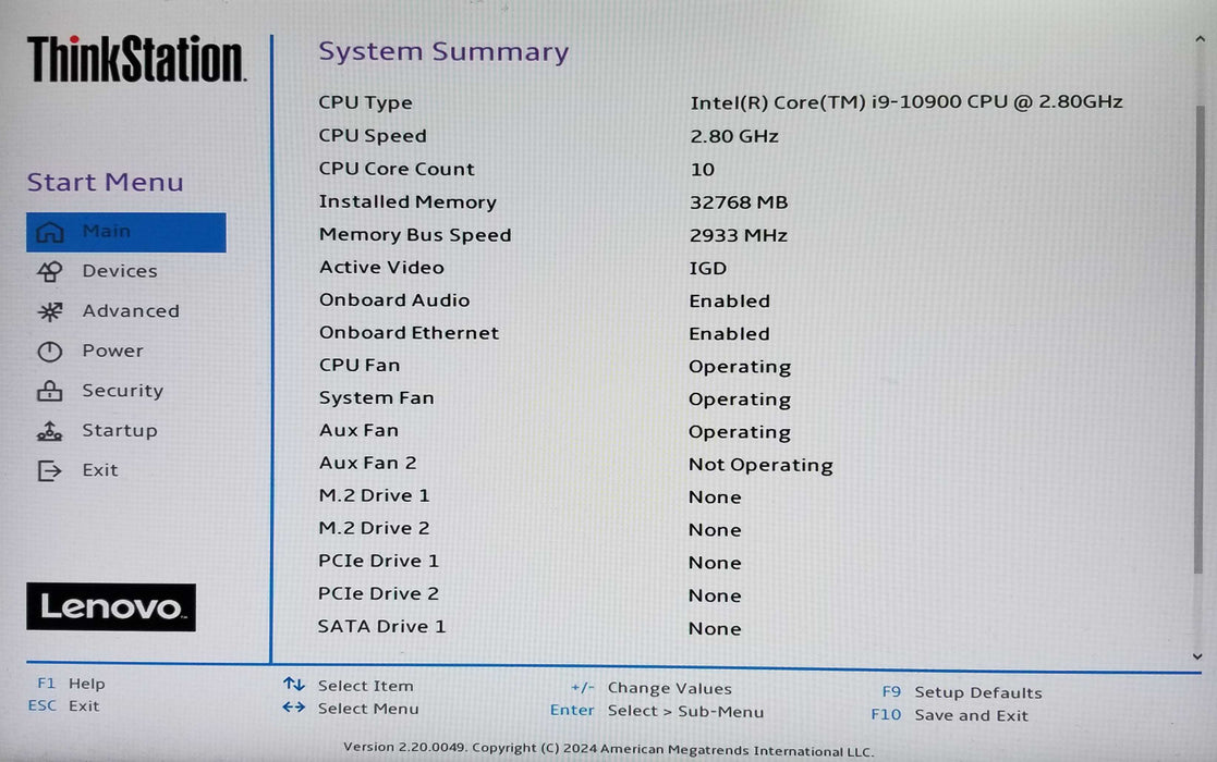 Lenovo ThinkStation P340 Tower i9-10900 CPU2.8GHz 32GB RAM- No HDD