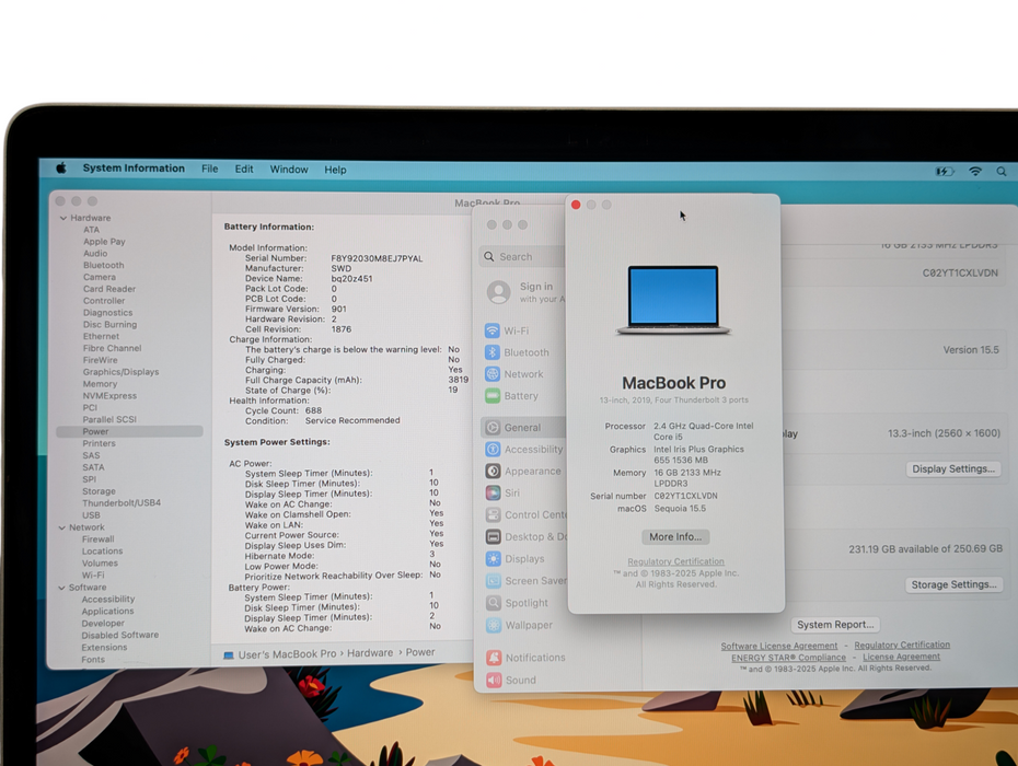 Apple Macbook PRO 13-inch 2019 Intel i5-8279U 16GB RAM 250GB Storage  -