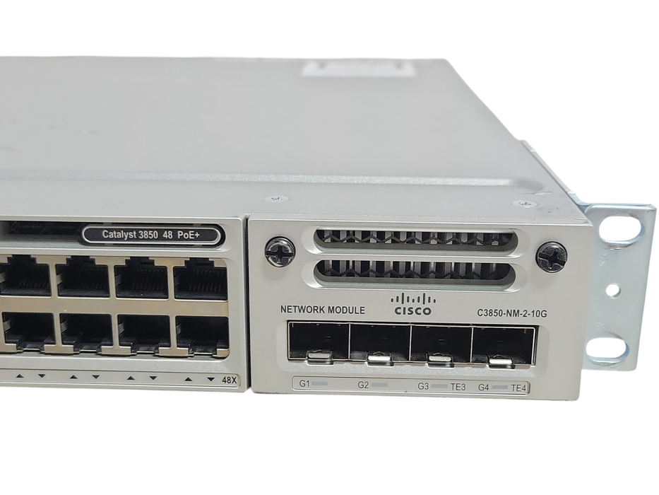 Cisco WS-C3850-48F-L 48 Port PoE+ Gigabit Switch w/ C3850-NM-2-10G, 1x PSU _