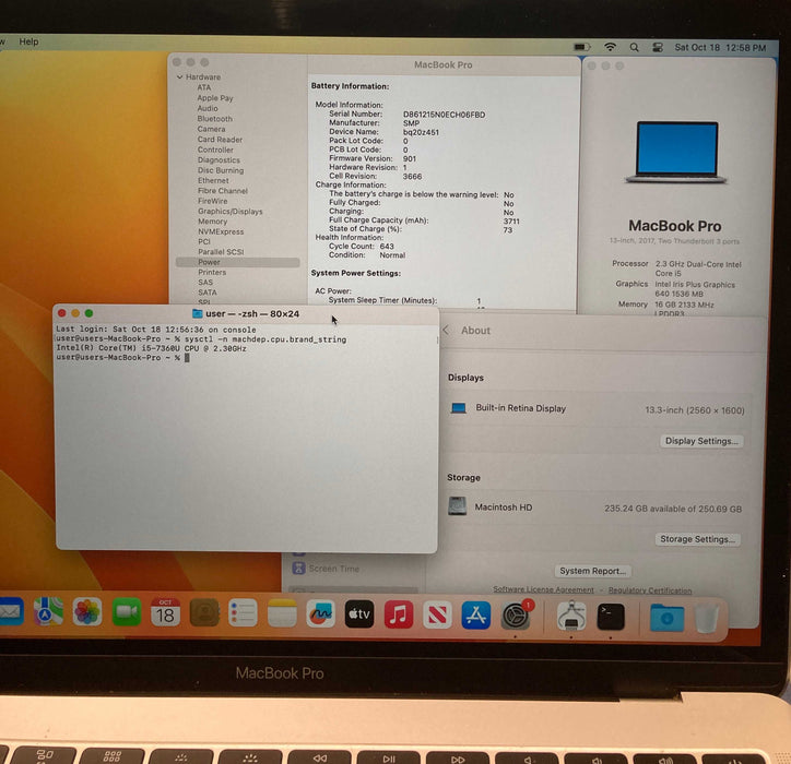 Apple MacBook Pro 13" 2017 i5-7360U 16GB 256SSD No Power Adapter