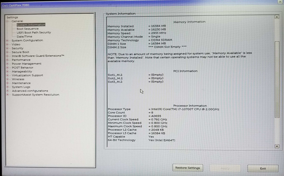 Dell OptiPlex 7080 USFF Intel i7-10700T CPU 2.00GHz 16GB RAM - No HDD Q