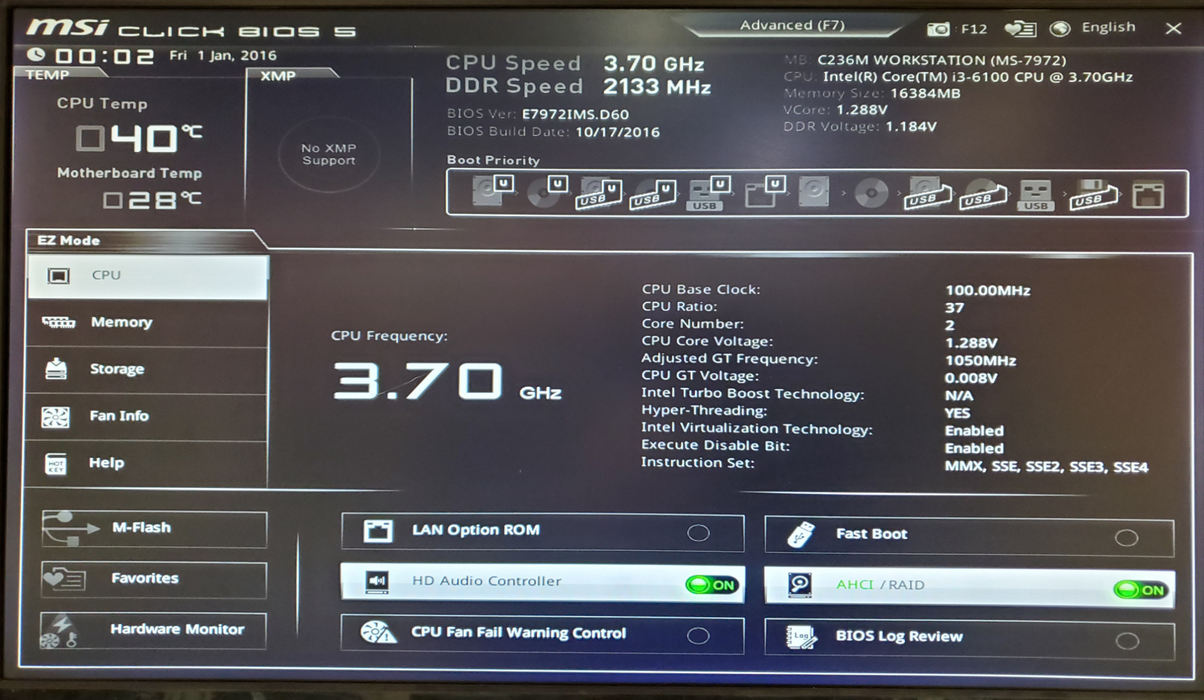 MSI C236M Workstation Motherboard Core i3-6100, 16GB DDR4 w/ I/O Shield